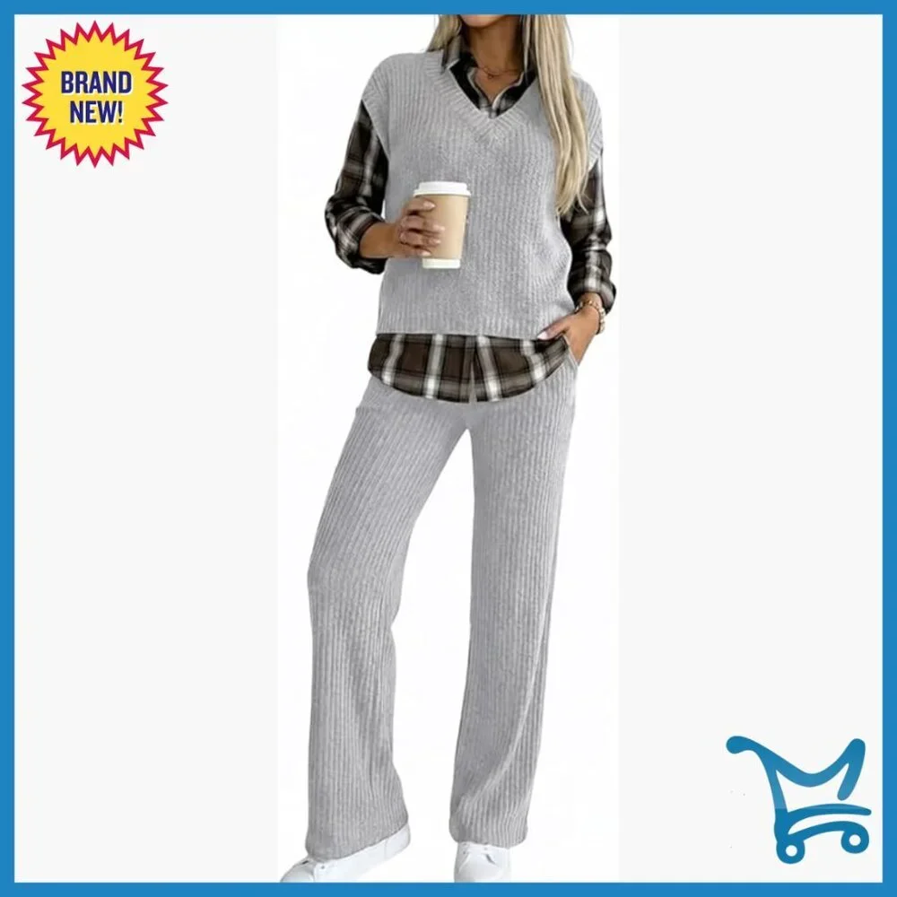 Ribbed Long Sleeve Top and Pants Set, Polyester Blend, X-Large